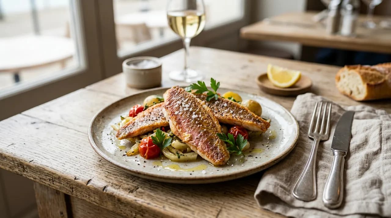 Filets de rouget poêlés à la peau croustillante et rosée, parsemés de fleur de sel de Guérande
