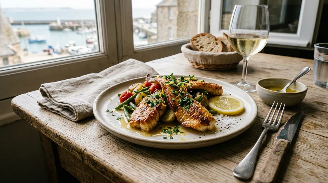 Tronçons de saumonette dorés à la poêle, arrosés de beurre citronné et parsemés de persil