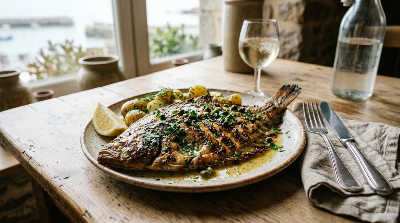 Sole entière grillée aux belles marques de grille, nappée de beurre citronné fondu et de persil