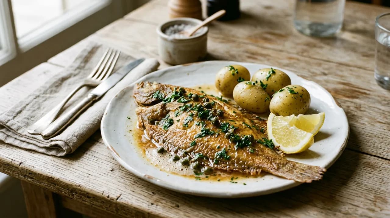 Sole meunière dorée au beurre demi-sel, servie avec citron et persil frais