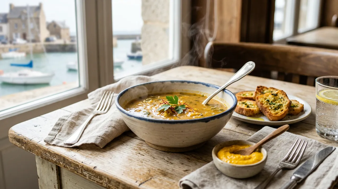 Soupe de grondin safranée servie fumante avec croûtons frottés à l'ail et rouille