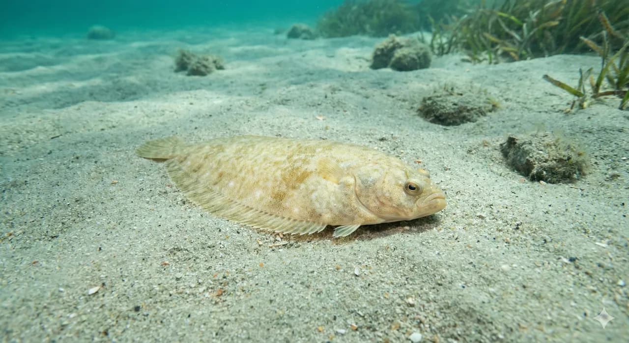 Sole blonde fraiche posee sur un lit de glace, peau claire doree et chair nacree