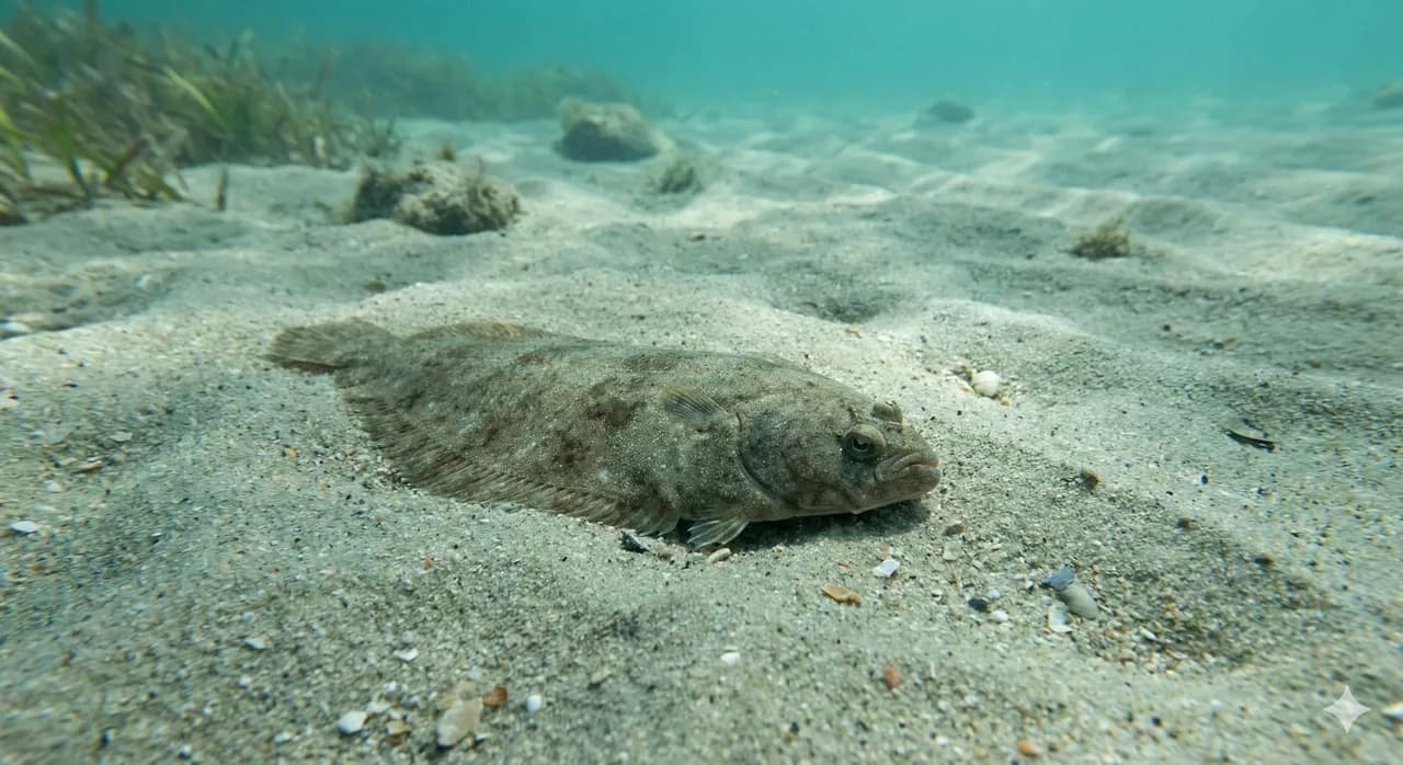 Sole fraîche entière posée sur un étal de marché, peau brune tachetée caractéristique